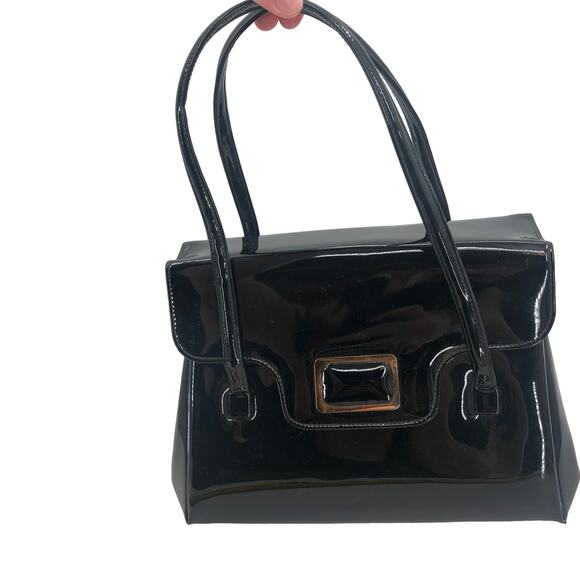 Vintage Lewis Women Handbag Purse Shiny Patent Leather 3 Compartment Black OS - Picture 1 of 13
